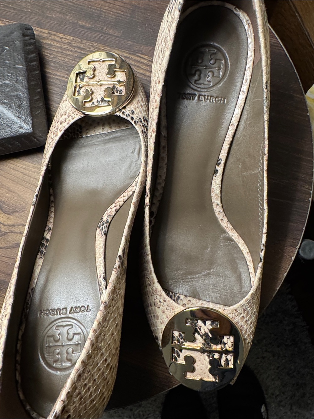 Tory Burch light brown Snakeskin Logo wedge